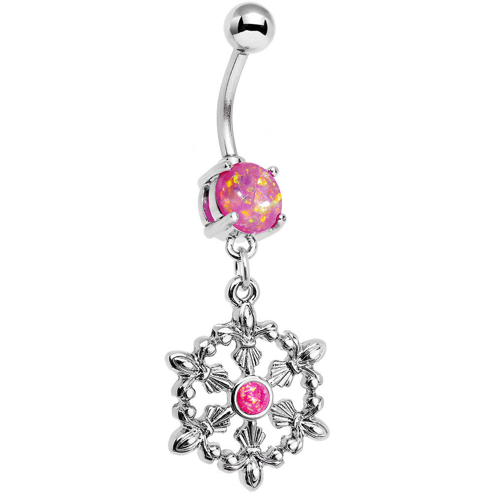 Pink Faux Opal Fleur de Lis Hoop Dangle Belly Ring