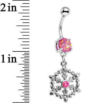 Pink Faux Opal Fleur de Lis Hoop Dangle Belly Ring