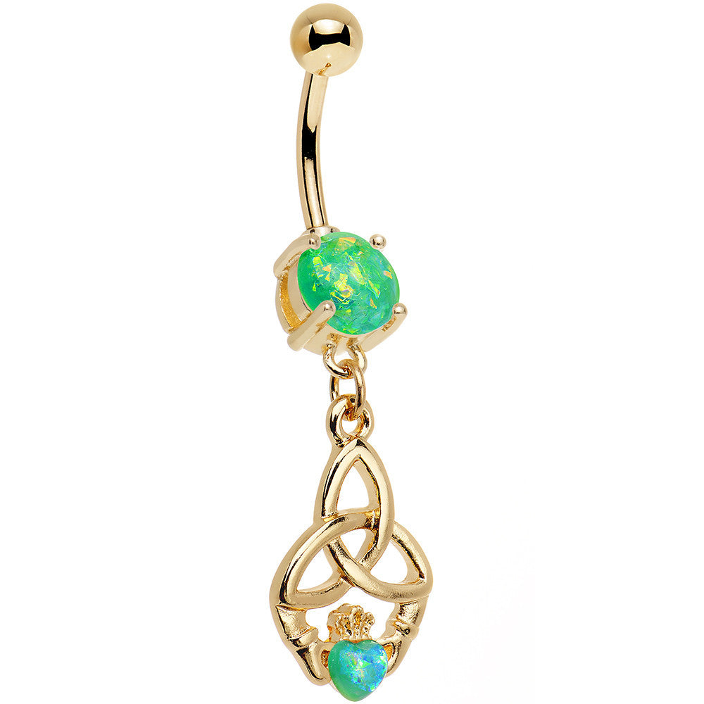 Green Faux Opal Gold Anodized Trinity Claddagh Dangle Belly Ring