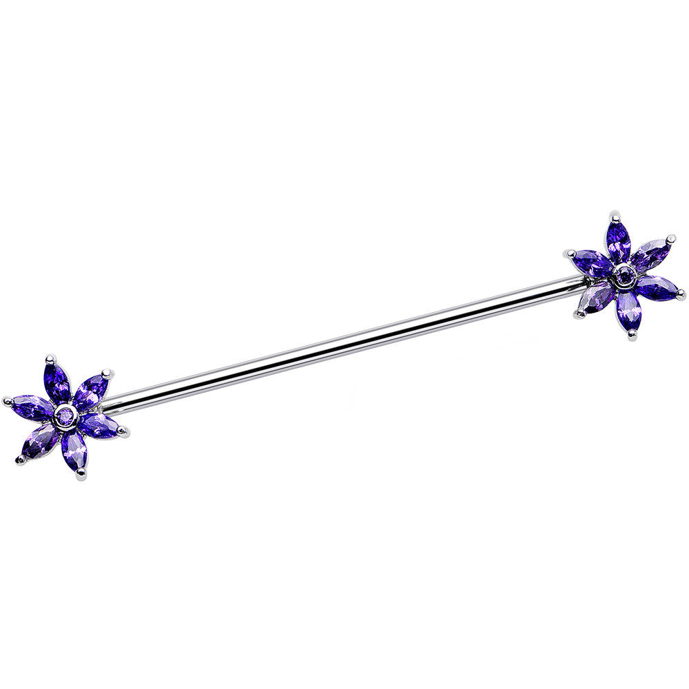 14 Gauge Purple CZ Pimpernel Flower Ends Industrial Barbell 40mm