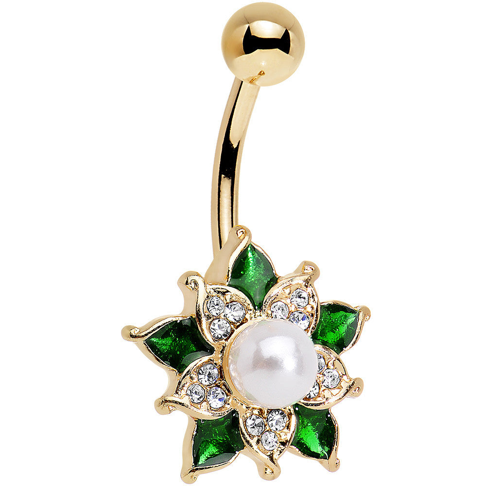 Clear Green Gem White Orb Gold Anodized Holiday Flower Belly Ring