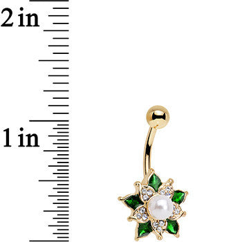 Clear Green Gem White Orb Gold Anodized Holiday Flower Belly Ring