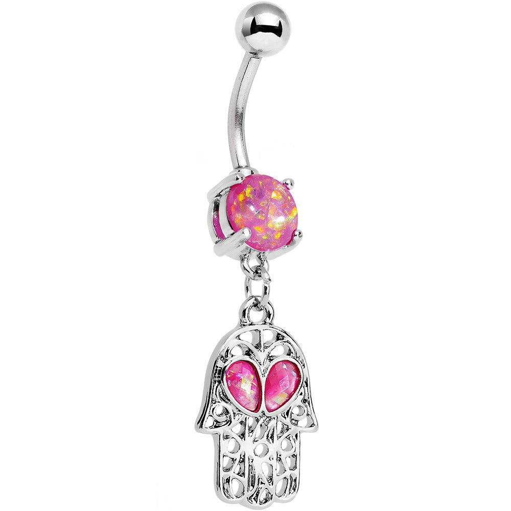 Pink Faux Opal Hamsa Hand and Heart Dangle Belly Ring