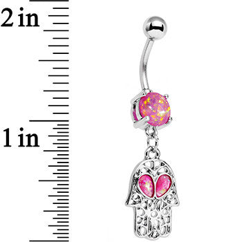 Pink Faux Opal Hamsa Hand and Heart Dangle Belly Ring