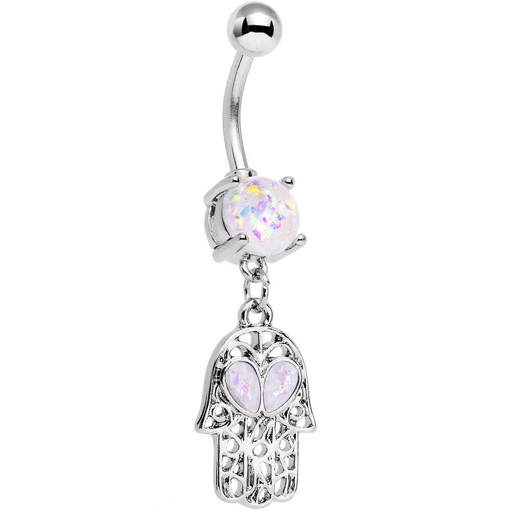 White Faux Opal Hamsa Hand and Heart Dangle Belly Ring