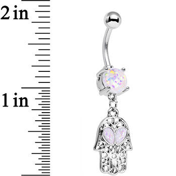 White Faux Opal Hamsa Hand and Heart Dangle Belly Ring