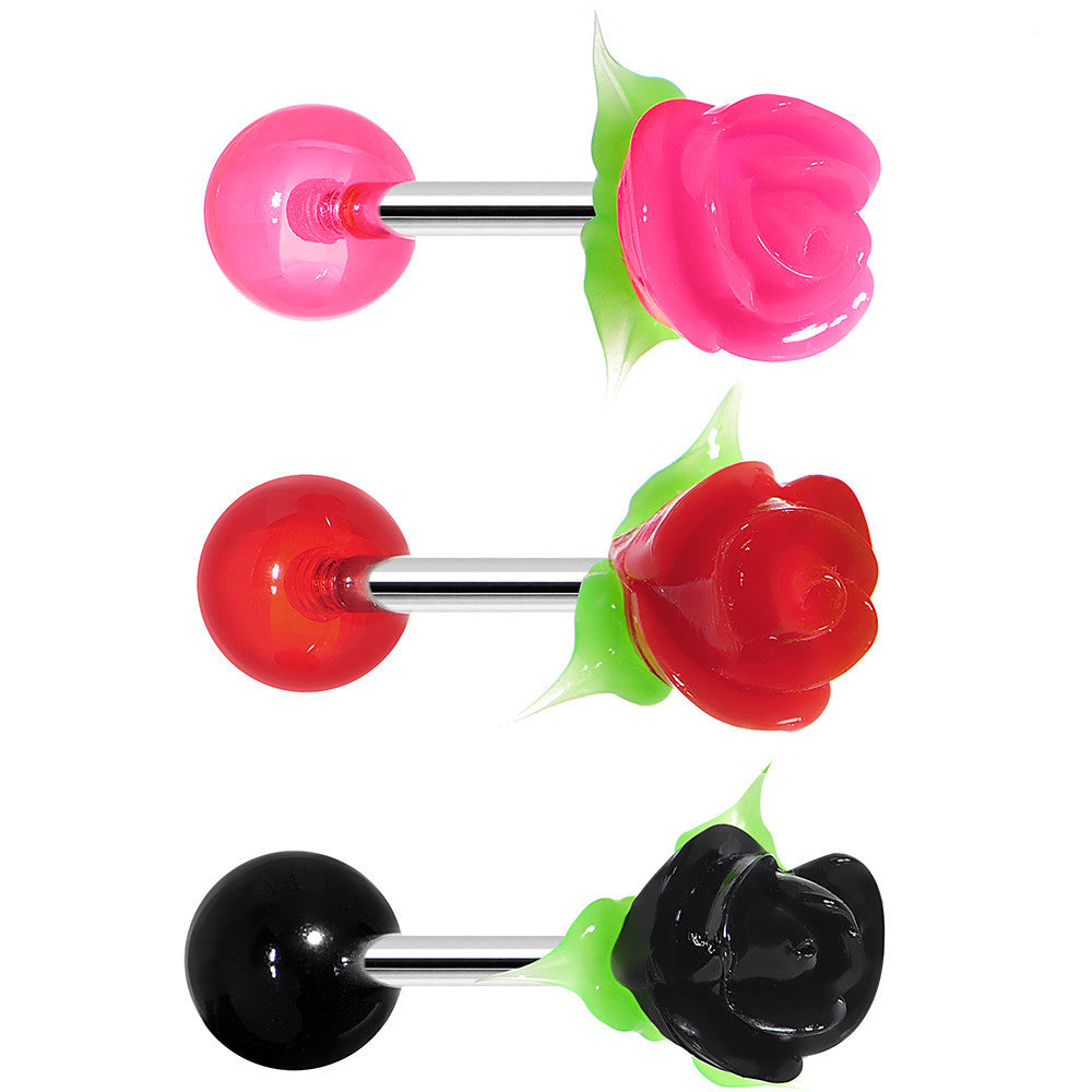 Pink Red Black Romantic Rose Flower Steel Barbell Tongue Ring 3 Pack Set