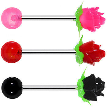 Pink Silicone Rose Flower Barbell Tongue Ring