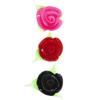 Pink Red Black Romantic Rose Flower Steel Barbell Tongue Ring 3 Pack Set