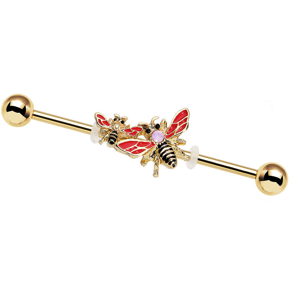 14 Gauge Pink Faux Opal Gold PVD Bumblebee Industrial Barbell 38mm