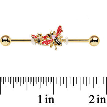 14 Gauge Pink Faux Opal Gold PVD Bumblebee Industrial Barbell 38mm