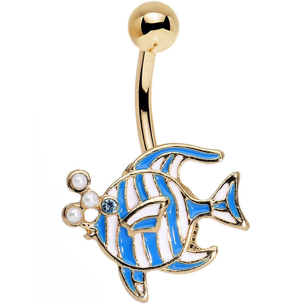 Blue Gem White Orb Gold PVD Fashionable Fishy Belly Ring