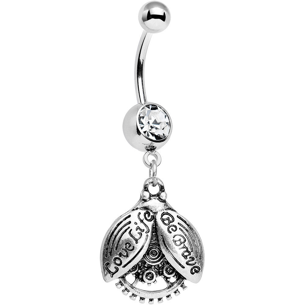 Clear Gem Love Life Be Brave Leaf Steampunk Gears Dangle Belly Ring