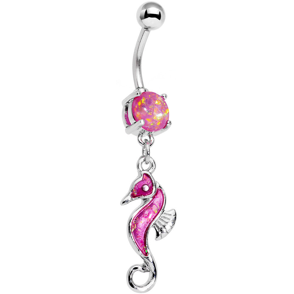 Pink Faux Opal See You Later Seahorse Dangle Belly Ring