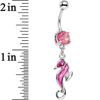 Pink Faux Opal See You Later Seahorse Dangle Belly Ring