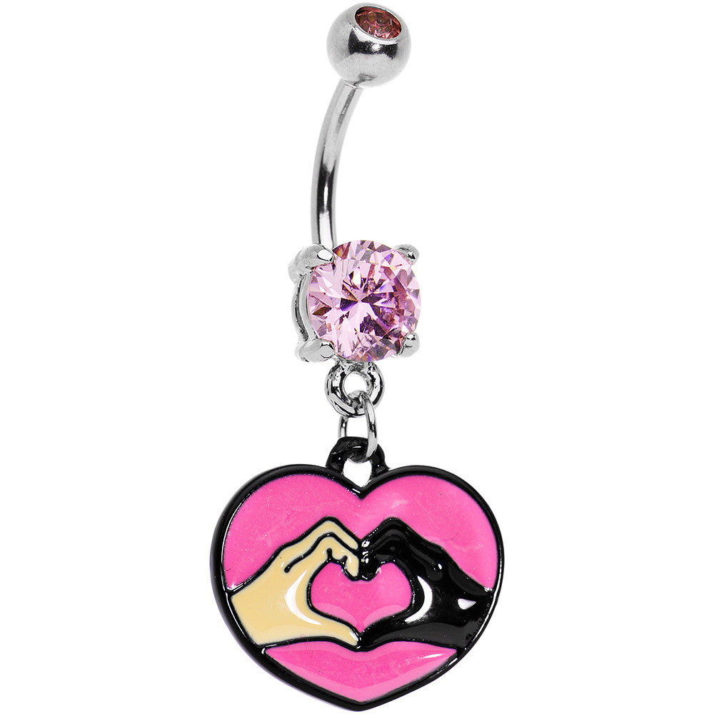 Pink Gem Coexist Pink Unity Heart Hands Dangle Belly Ring