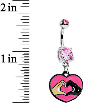 Pink Gem Coexist Pink Unity Heart Hands Dangle Belly Ring