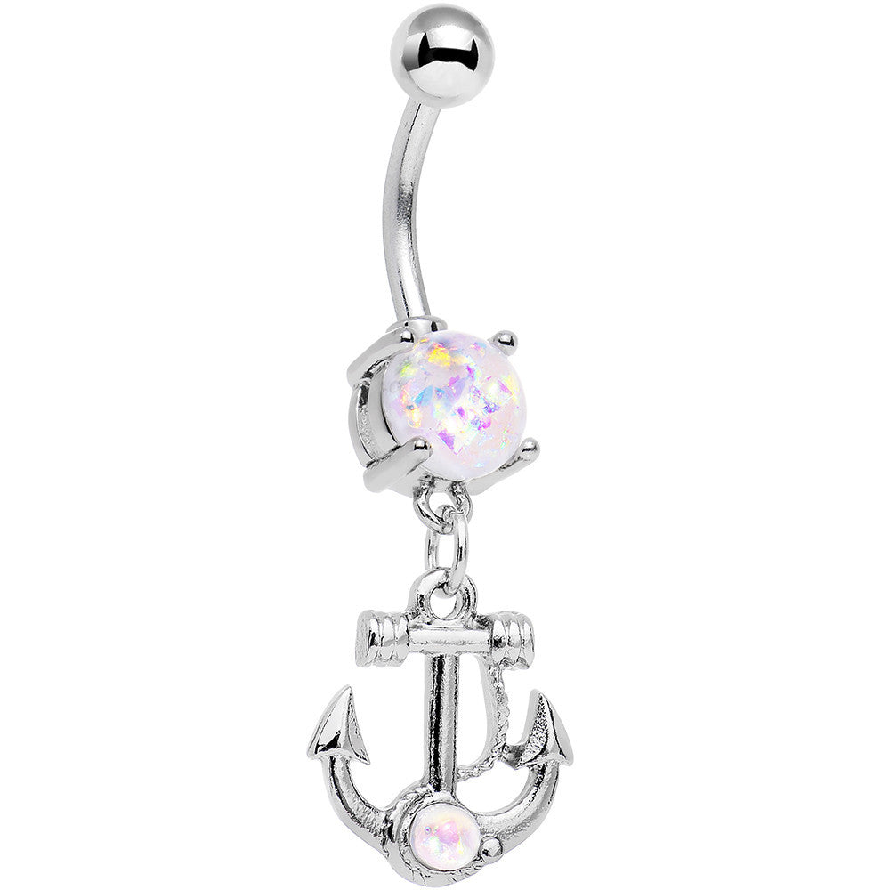 White Faux Opal Nautical Anchor Dangle Belly Ring