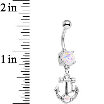 White Faux Opal Nautical Anchor Dangle Belly Ring