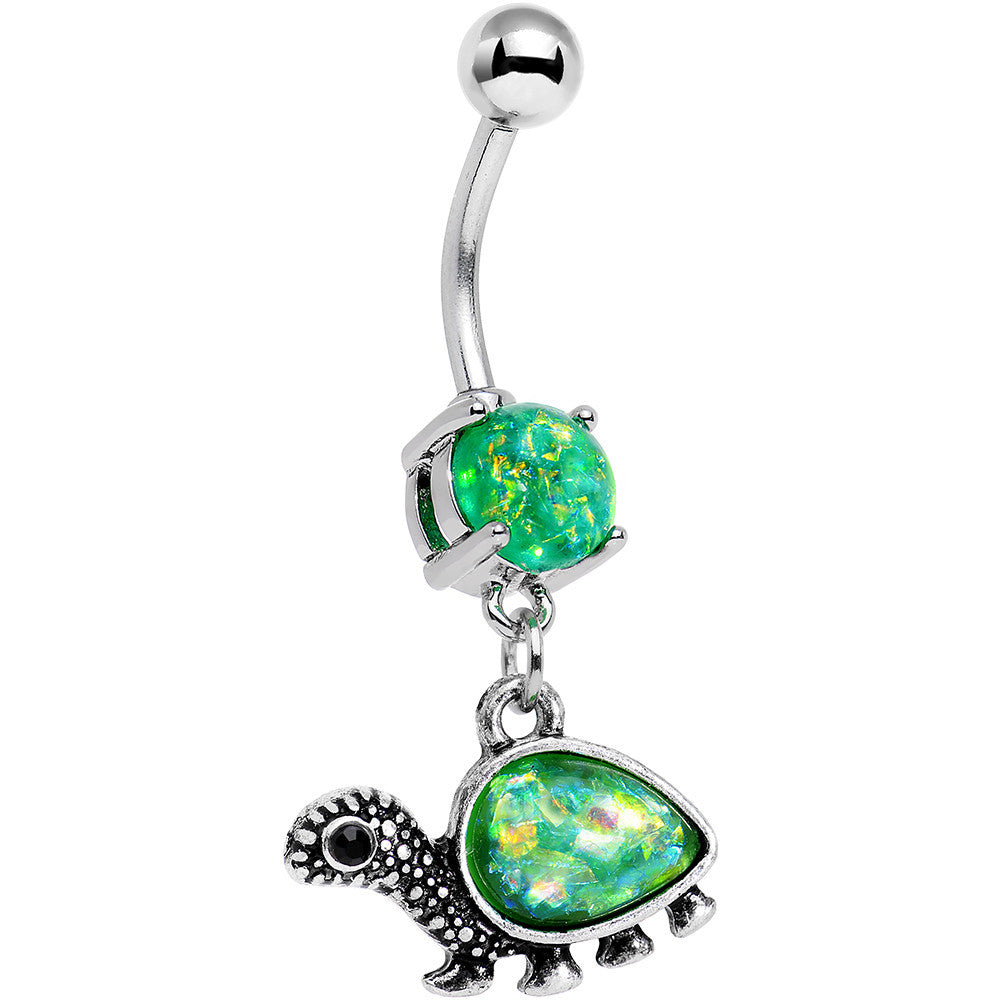 Green Faux Opal Traipsing Turtle Dangle Belly Ring