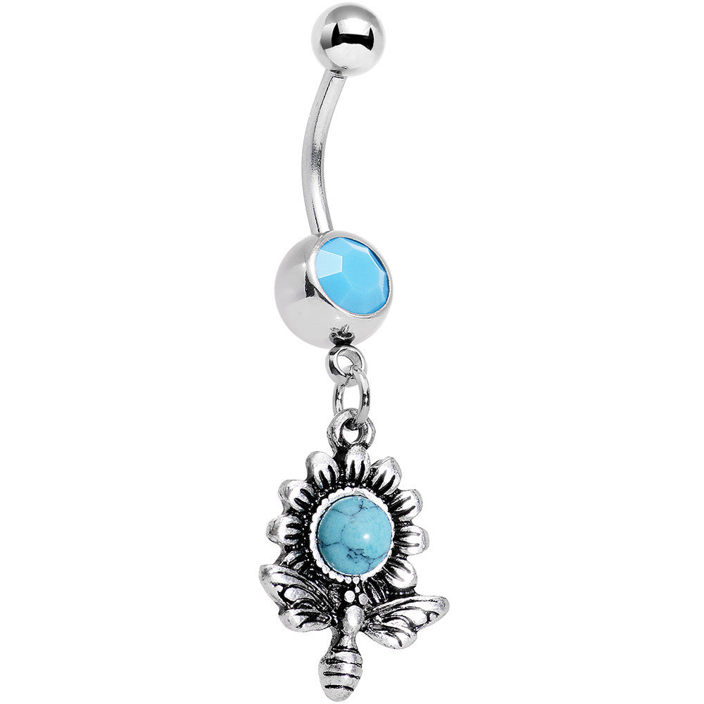 Faux Turquoise Buzzing Bee Favorite Flower Dangle Belly Ring