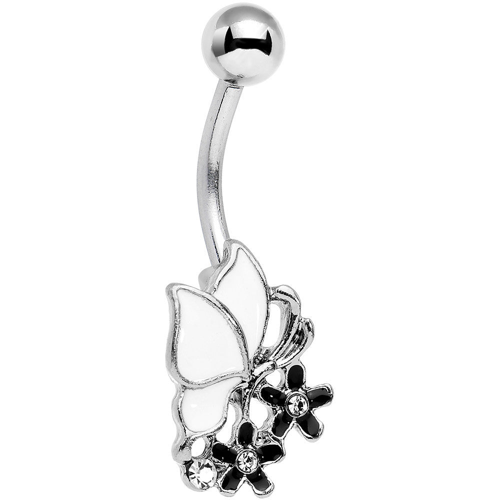 Black and White Stainless Steel Butterfly and Flower Belly Ring