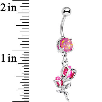 Pink Faux Opal Roses Ready to Flower Dangle Belly Ring