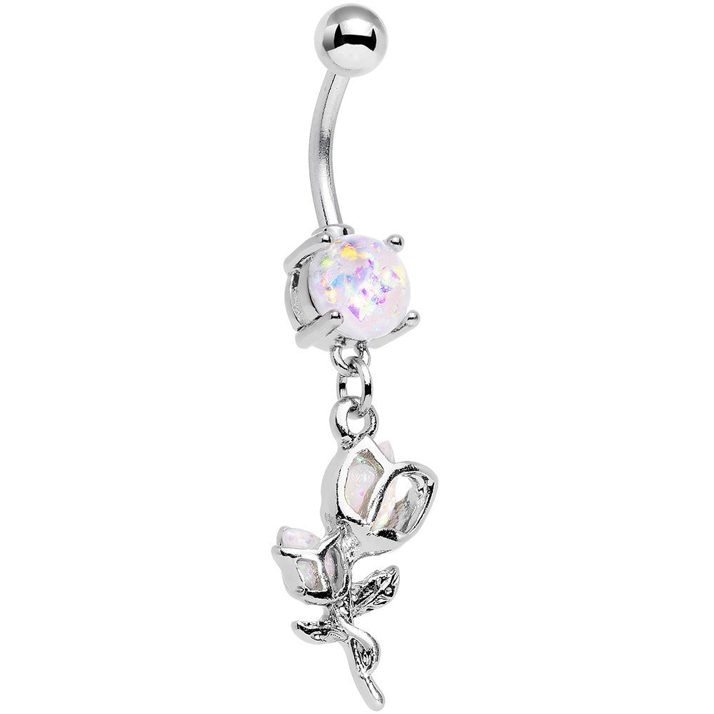 White Faux Opal Roses Ready to Flower Dangle Belly Ring