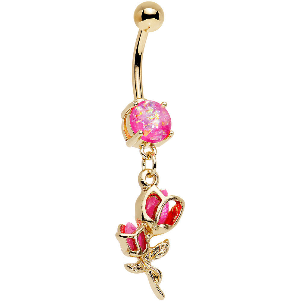 Pink Faux Opal Gold Plated Roses Ready to Flower Dangle Belly Ring