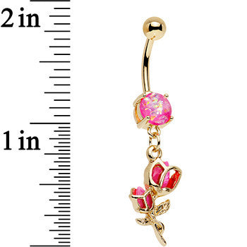 Pink Faux Opal Gold Plated Roses Ready to Flower Dangle Belly Ring