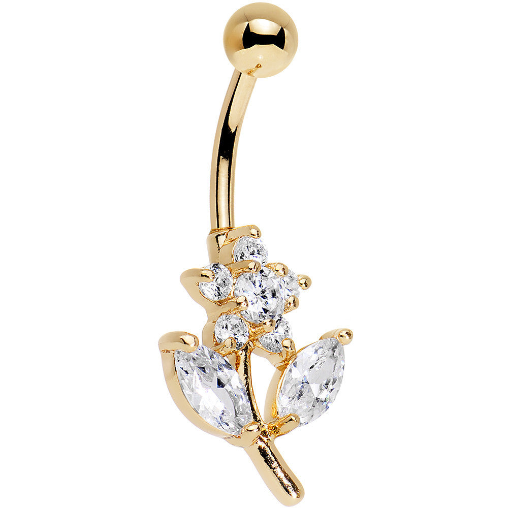 Clear Gem Gold Plated Leafy Flower Belly Ring