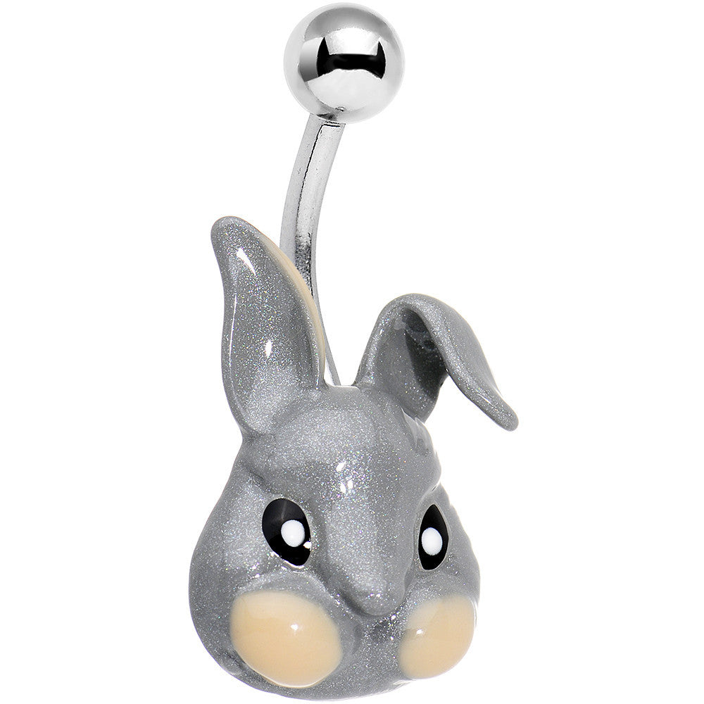 Glitter Gray Happy Easter Bunny Rabbit Belly Ring