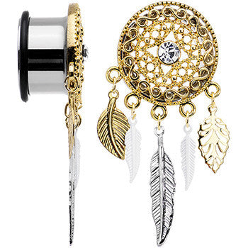 18mm Clear Gem Ornate Gold Disc Leaf Feather Dangle Plug Set