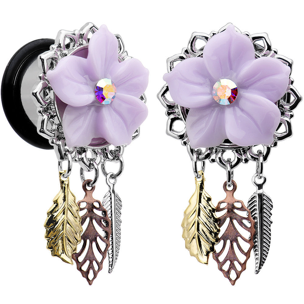 9/16 Aurora Gem Purple Petal Flower Leaf Feather Dangle Plug Set