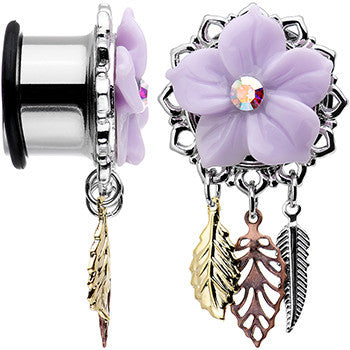 9/16 Aurora Gem Purple Petal Flower Leaf Feather Dangle Plug Set