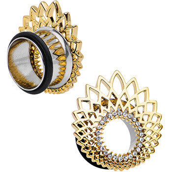 5/8 Clear Gem Golden Gala Feather Single Flare Tunnel Plug Set