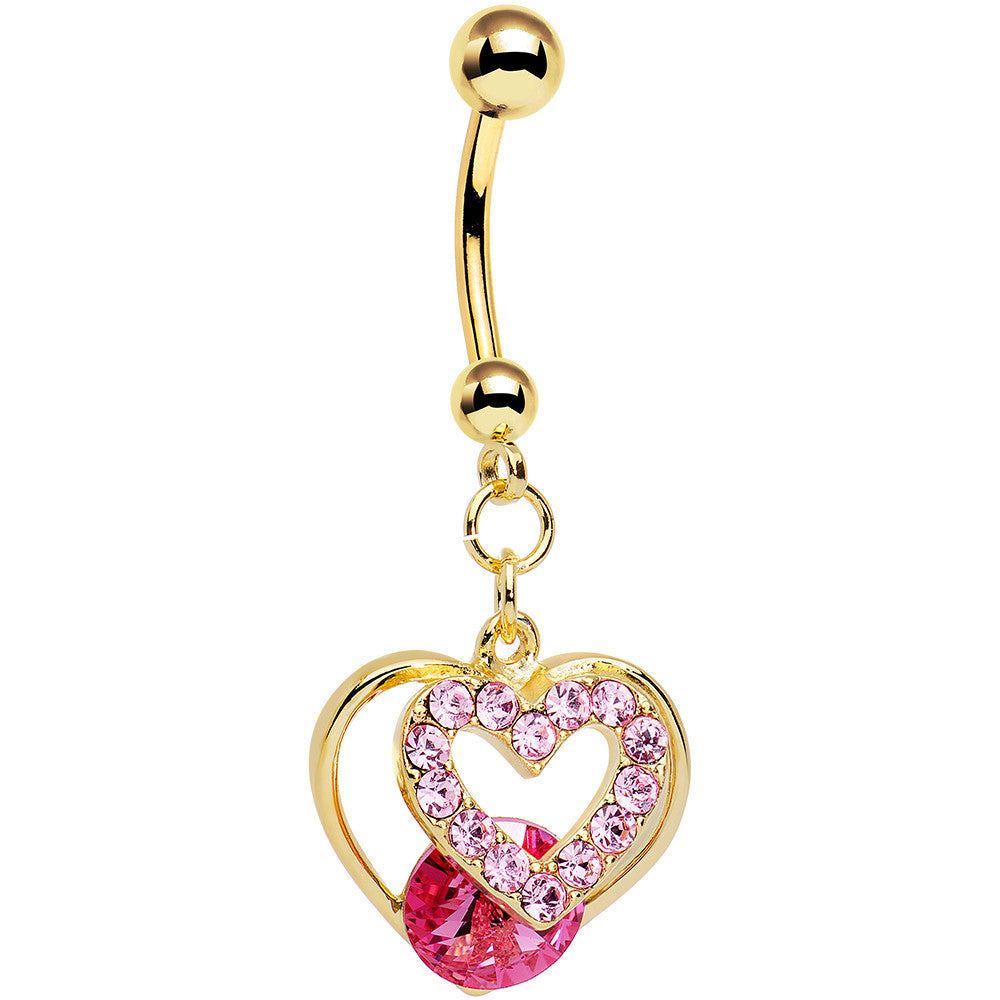 Pink Gem Gold Anodized Steel Show Your Heart Dangle Belly Ring