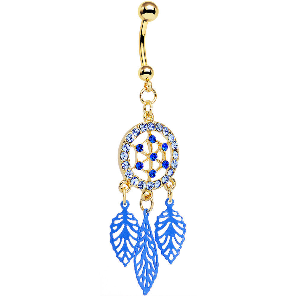 Blue Gem Gold Anodized Steel Dream Leaf Dangle Belly Ring