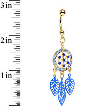 Blue Gem Gold Anodized Steel Dream Leaf Dangle Belly Ring