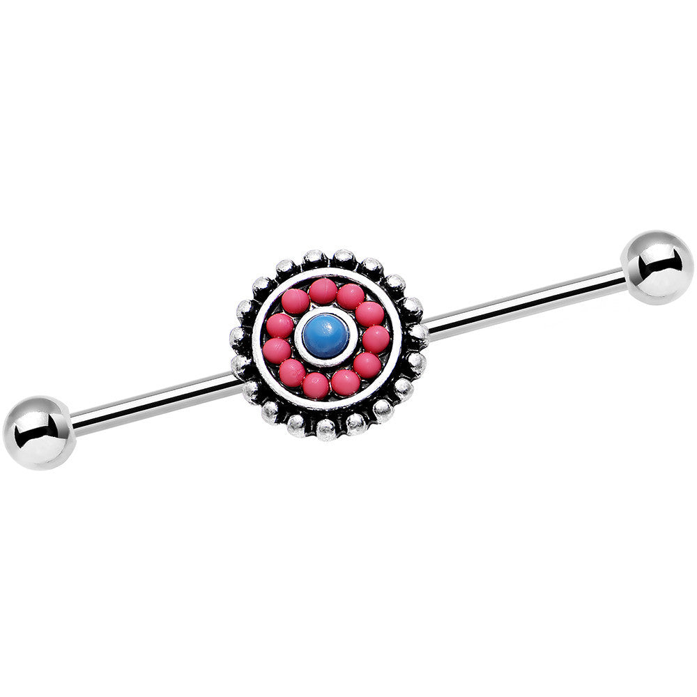 14 Gauge Pink and Blue Floral Mandala Industrial Barbell 38mm