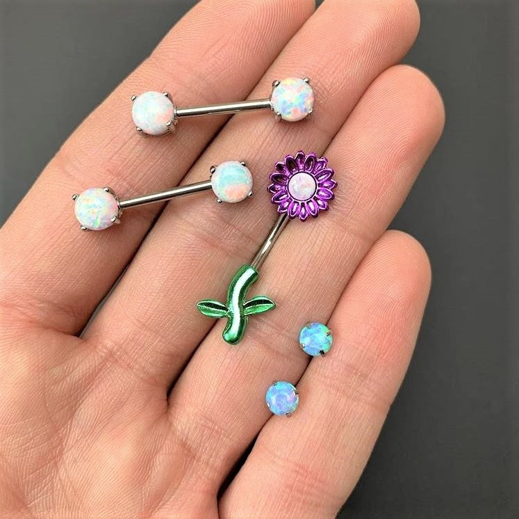 White Faux Opal Purple Sunflower Leaf Double Mount Belly Ring