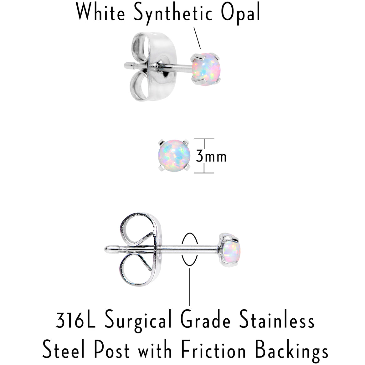 White Synthetic Opal Stainless Steel Post Stud Earring Pack Set of 3