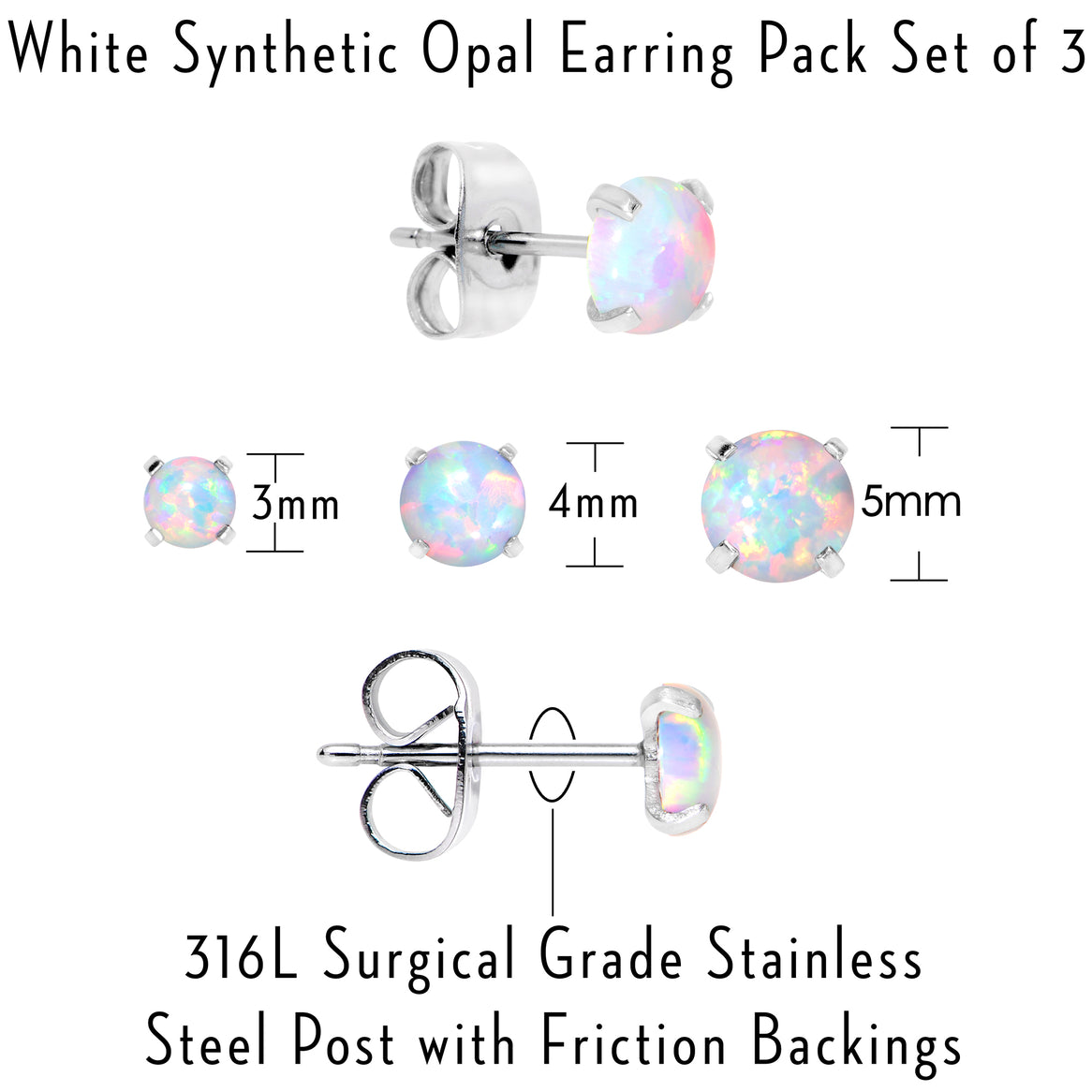 White Synthetic Opal Stainless Steel Post Stud Earring Pack Set of 3