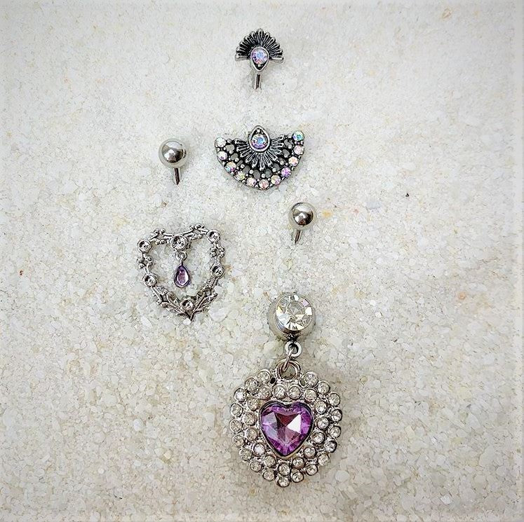 Pink Gem Dangle Floral Heart Belly Ring