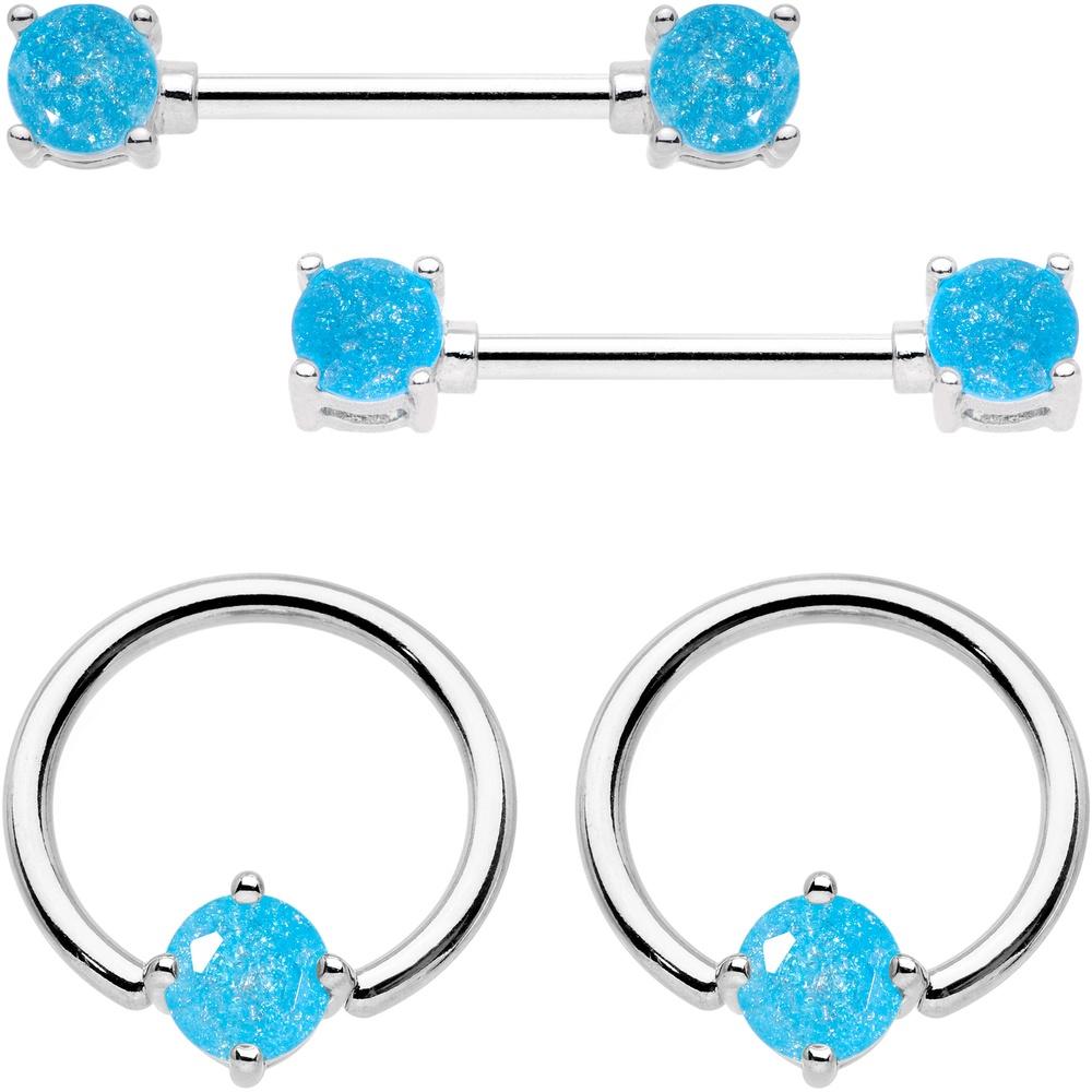 14 Gauge Oceanic Faux Opal BCR Captive Ring Barbell Nipple Ring Set