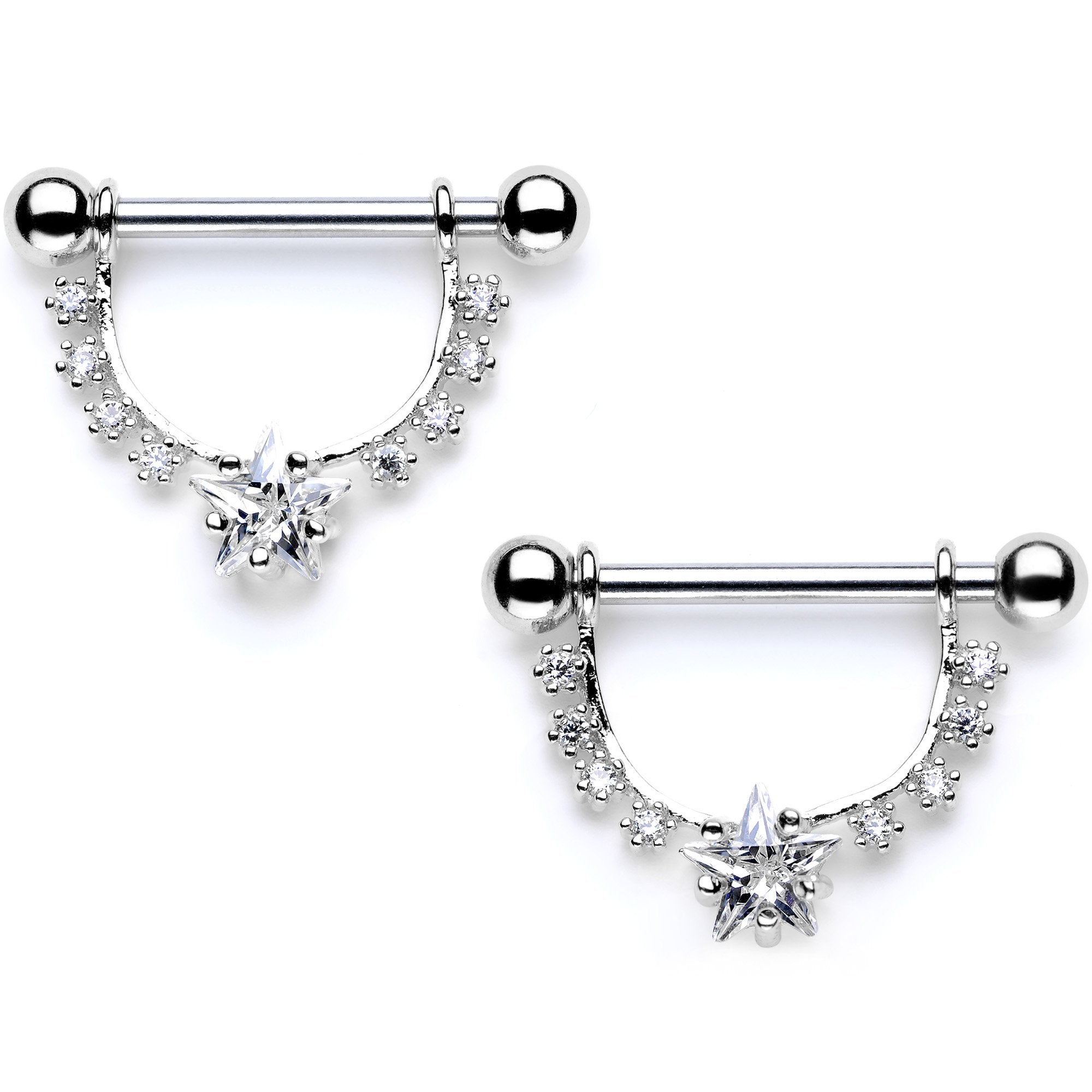 Clear CZ Gem Superstar Dangle Barbell Nipple Ring Set