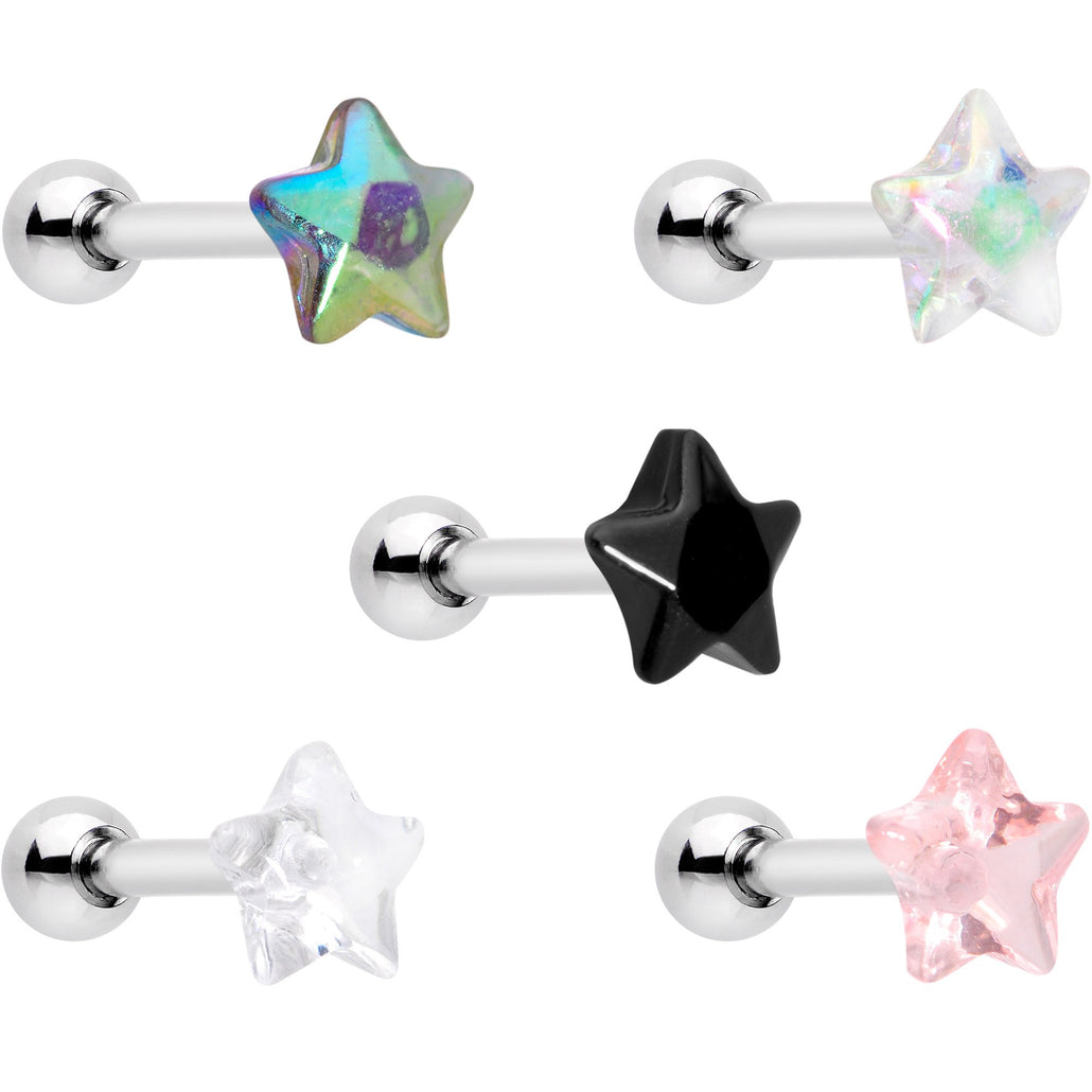 16 Gauge 1/4" Multi Color Star Gem Cartilage Tragus Earring Five Pack