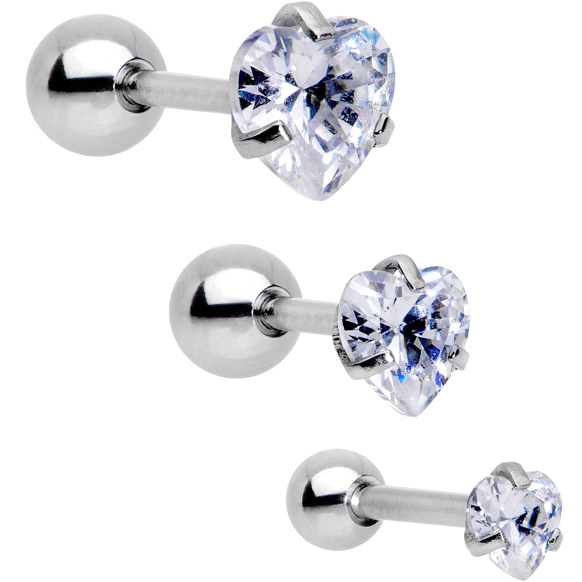 16 Gauge 5/16 Clear Gem Heart Trio Tragus Cartilage Earring Set of 3