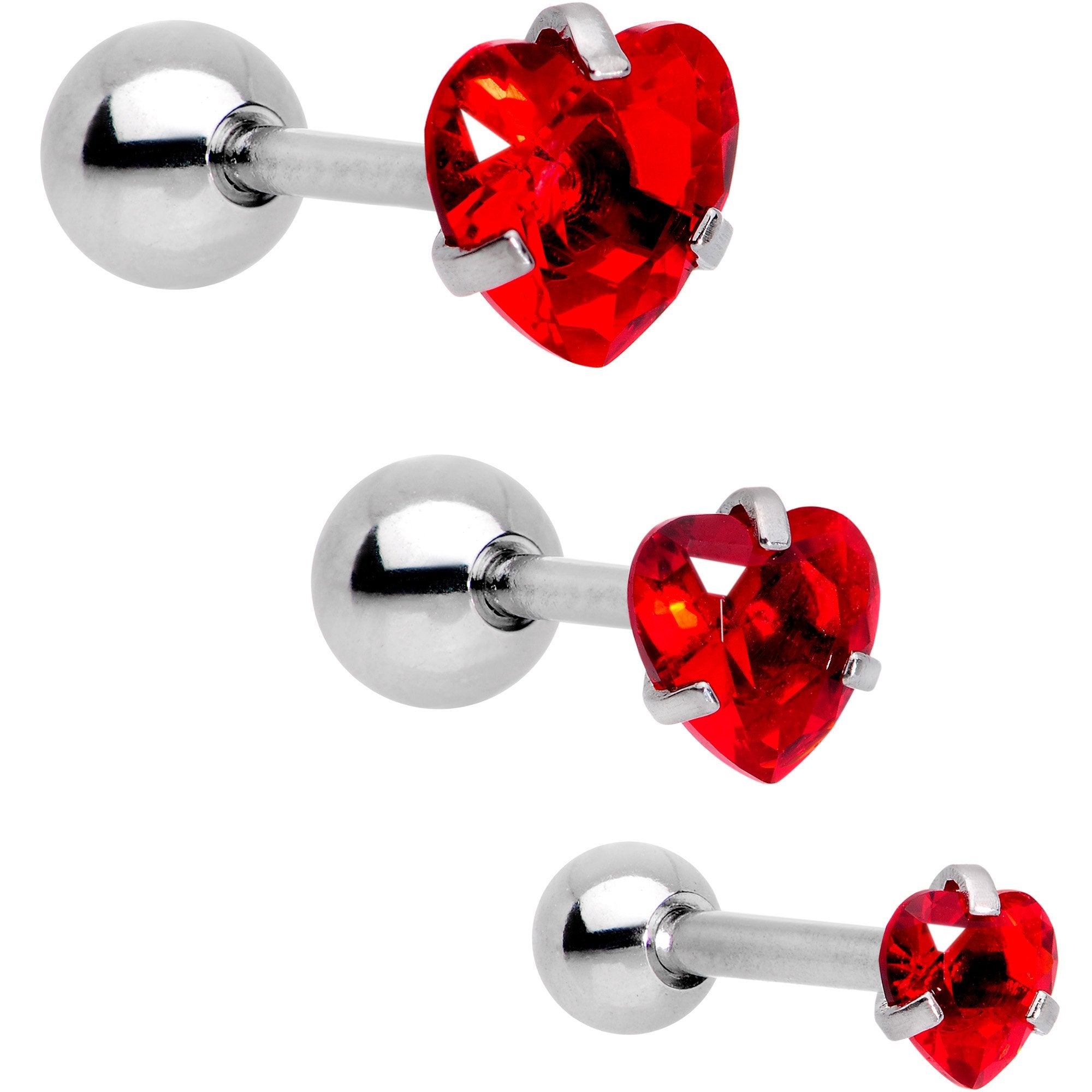 16 Gauge 5/16 Red Gem Heart Trio Tragus Cartilage Earring Set of 3