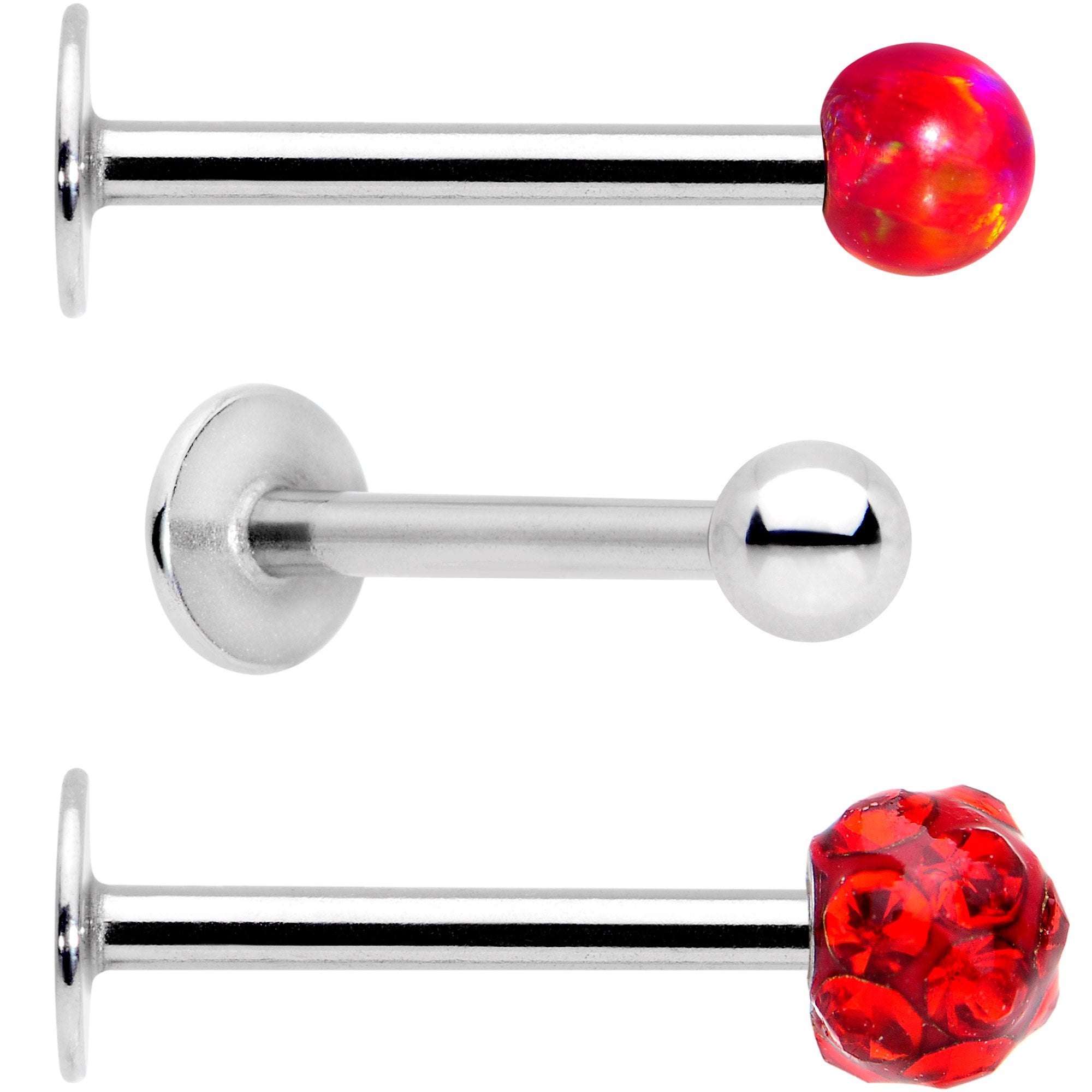 16 Gauge 3/8 Red Faux Opal Ball Labret Monroe Tragus 3 Pack Set